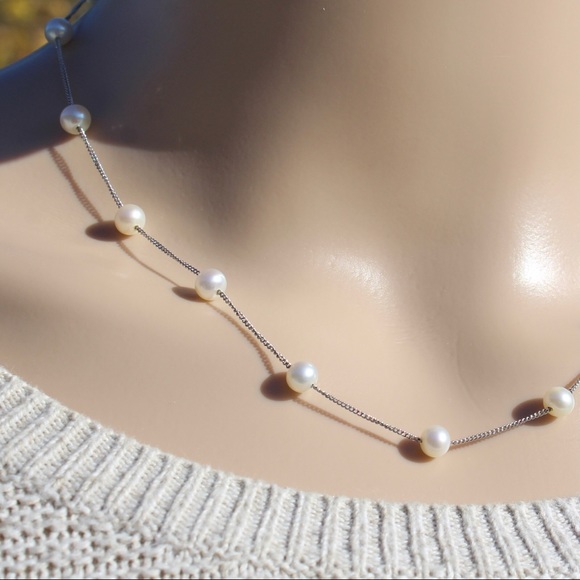 Vintage Genuine Pearl 14K White Gold Station Necklace Floating Tin Cup Pearls - Picture 2 of 6